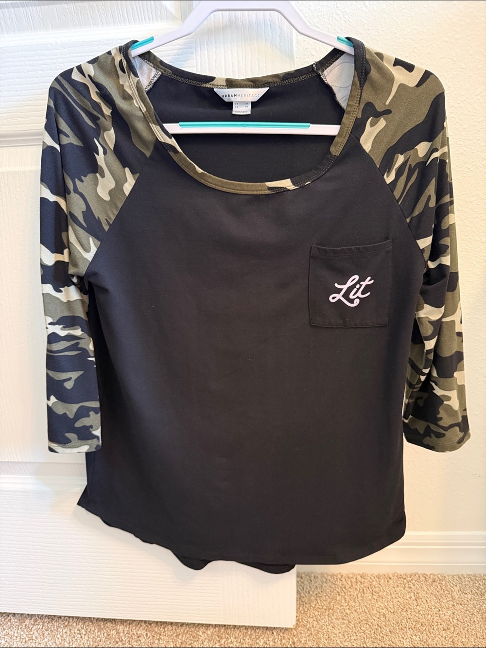 Urban Heritage Black Tee with Green Camo Raglan Sleeves